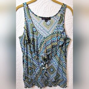 Blue Green Ruffled Tie Front Blouse